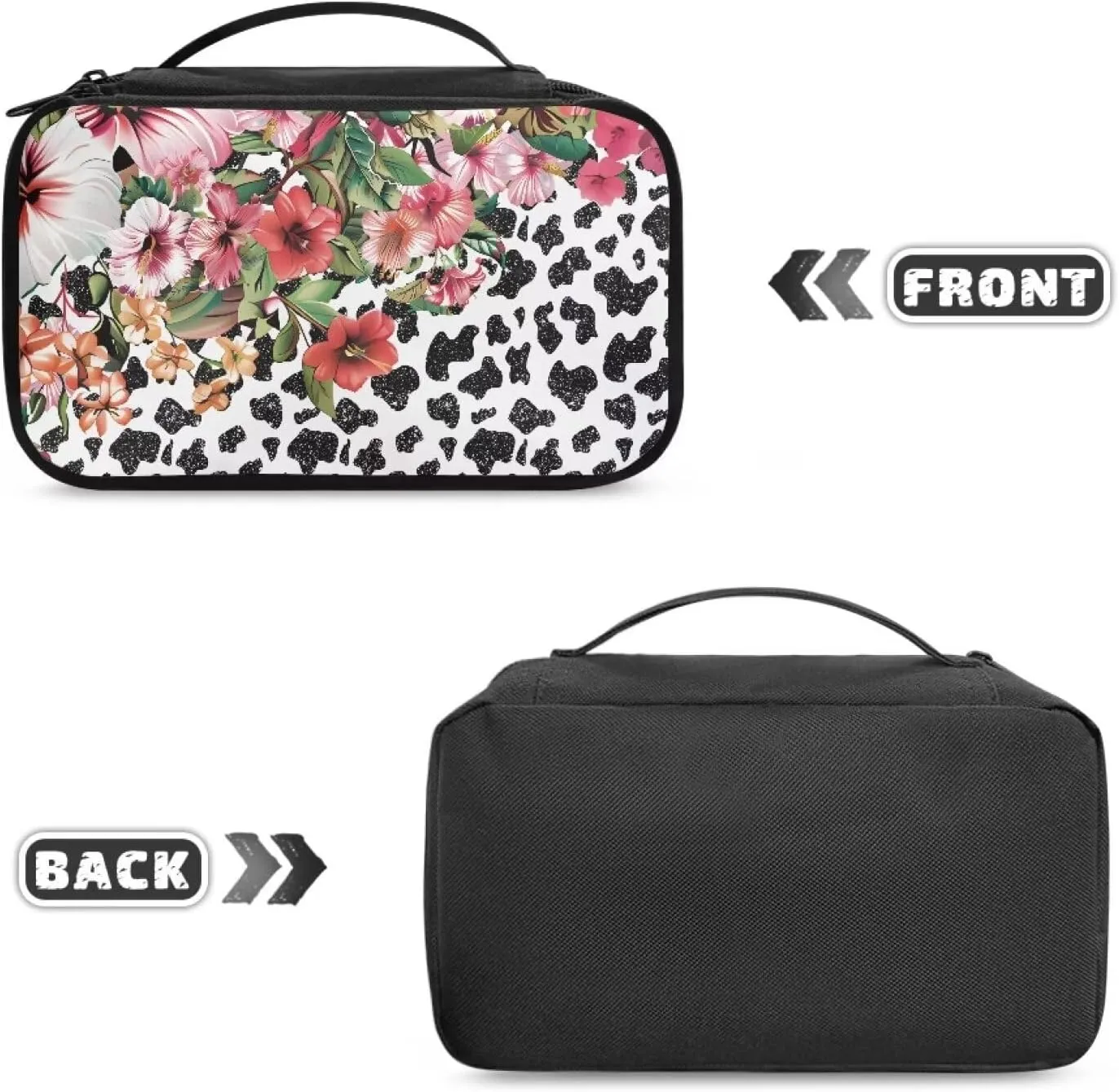 Cow Print Floral Large Capacity Cosmetic Bag Travel Size Toiletries Kit for Women Multipurpose Travel Make Up Bag Makeup Pouch Aesthetic Gifts for Birthday/Thanksgiving/Christmas