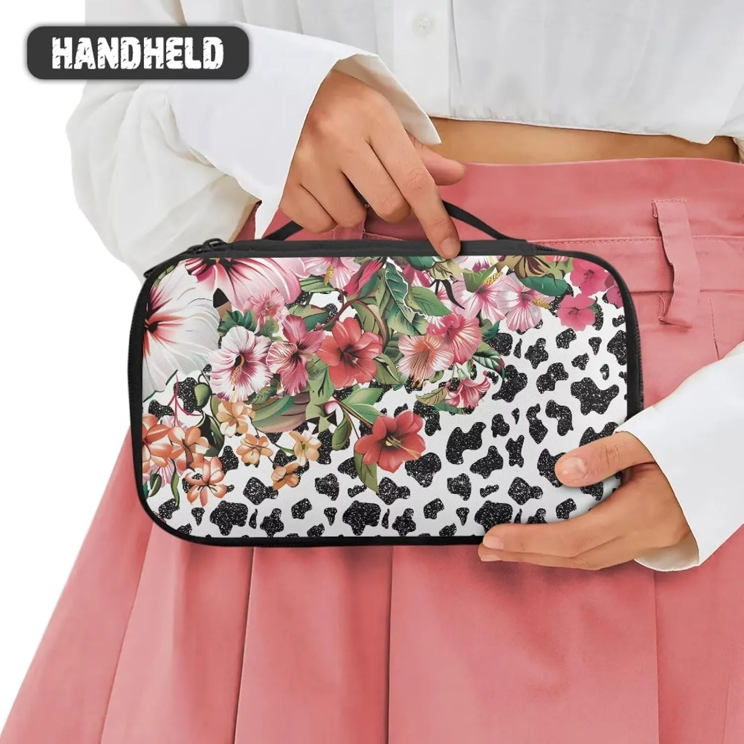 Cow Print Floral Large Capacity Cosmetic Bag Travel Size Toiletries Kit for Women Multipurpose Travel Make Up Bag Makeup Pouch Aesthetic Gifts for Birthday/Thanksgiving/Christmas