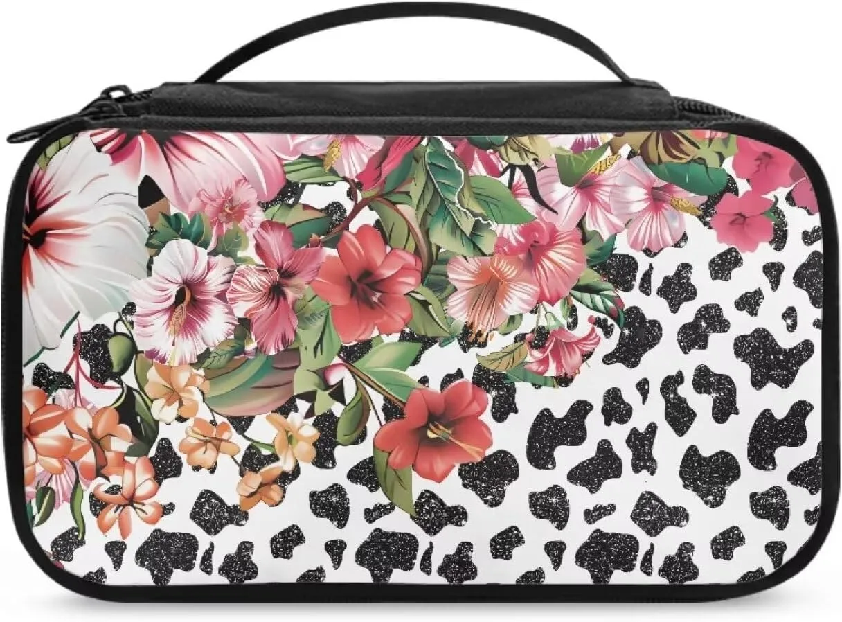 Cow Print Floral Large Capacity Cosmetic Bag Travel Size Toiletries Kit for Women Multipurpose Travel Make Up Bag Makeup Pouch Aesthetic Gifts for Birthday/Thanksgiving/Christmas
