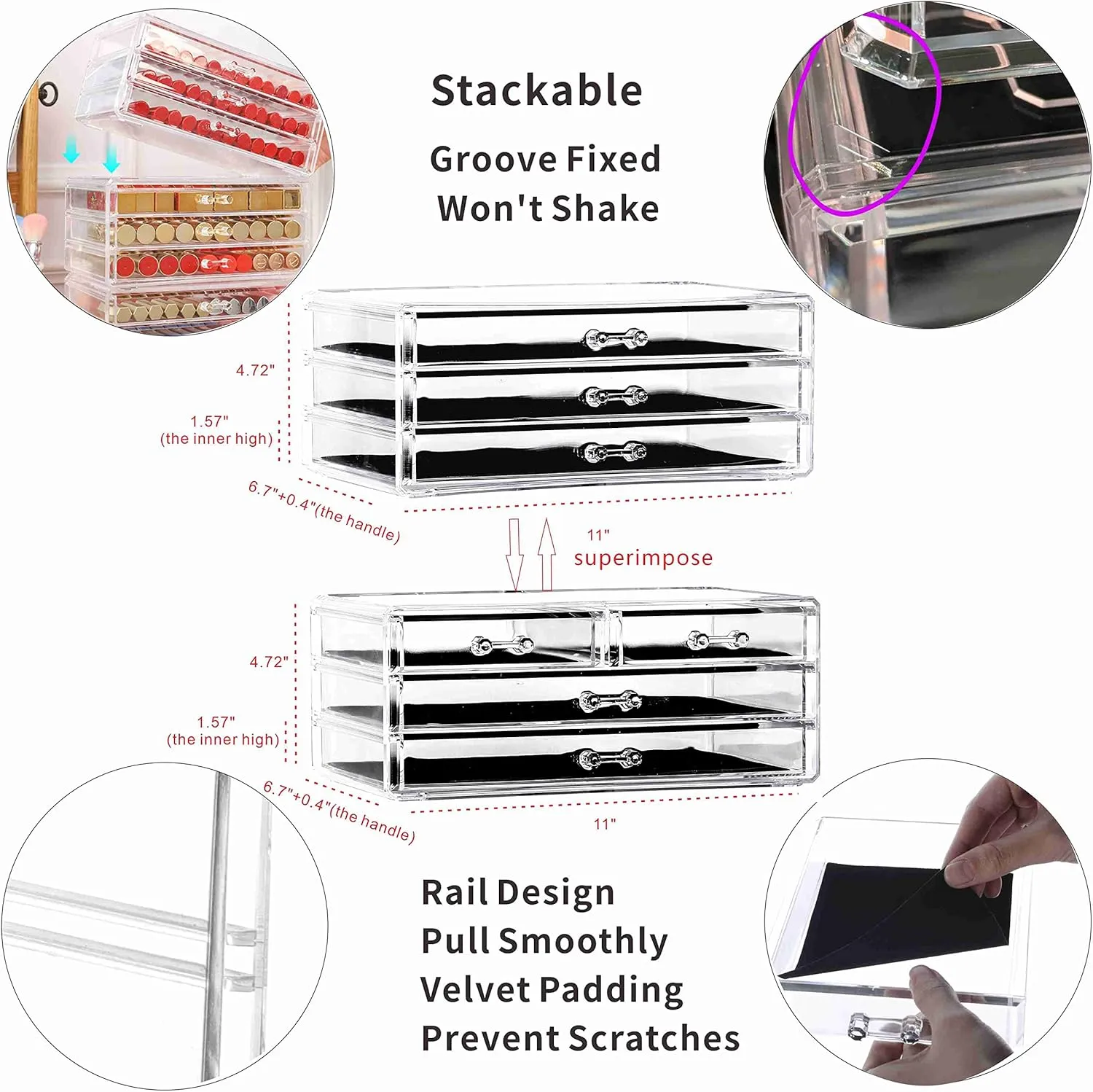 Cq acrylic 2 Pack Clear Acrylic Drawer Organizer Countertop,Stackable 7 Drawers Makeup Storage,Cute cube Make up Organizer for dresser Hair Clip,Beauty Product Desk and Bathroom Organizers and Storage