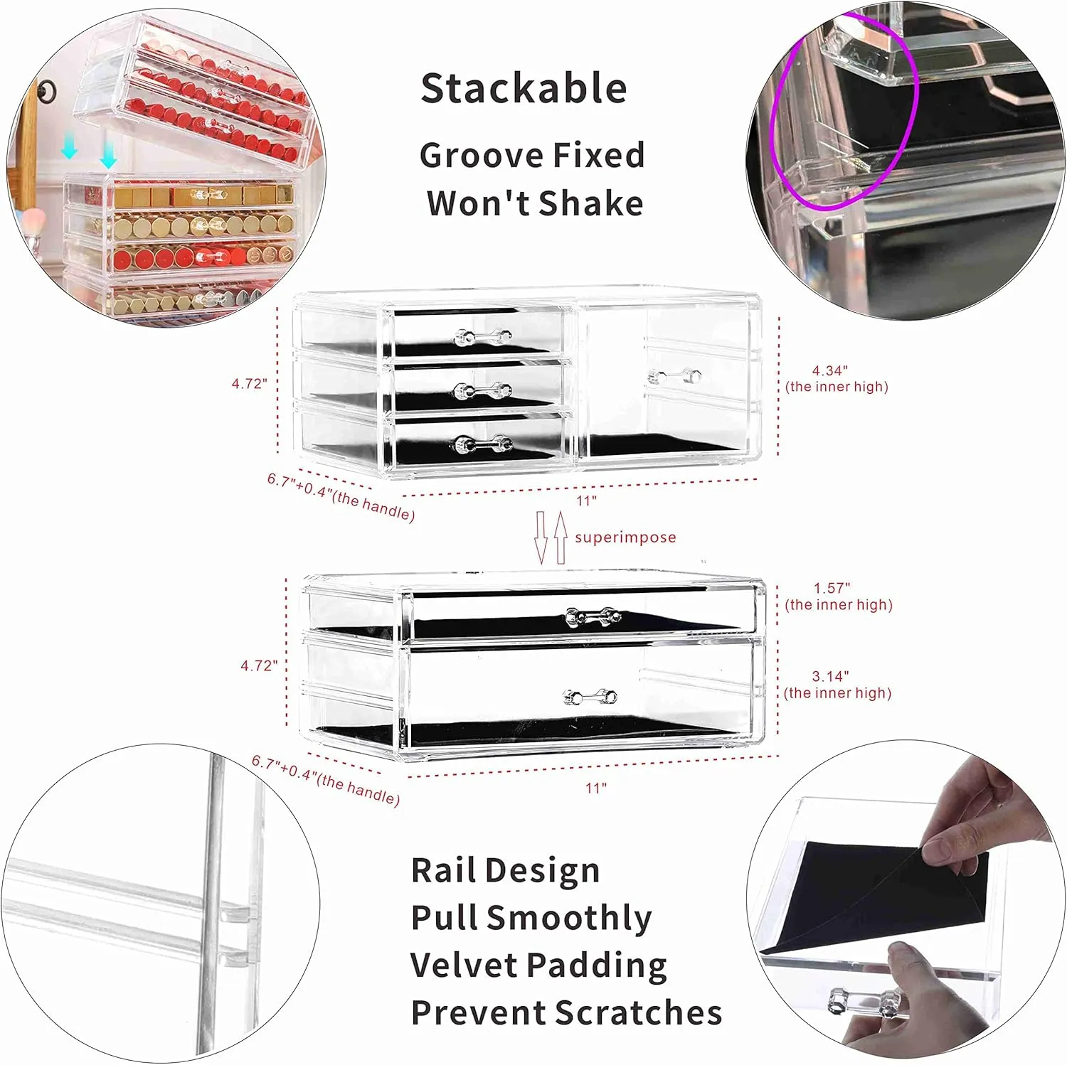 Cq acrylic 2 Pack Clear Stackable Storage Drawers for Vanity,Stackable 6 Drawers Desktop Organizer With Drawers,Cute Desk Storage for Office,Jewelry,Hair Clip,Beauty,Skincare and Make Up Organizers