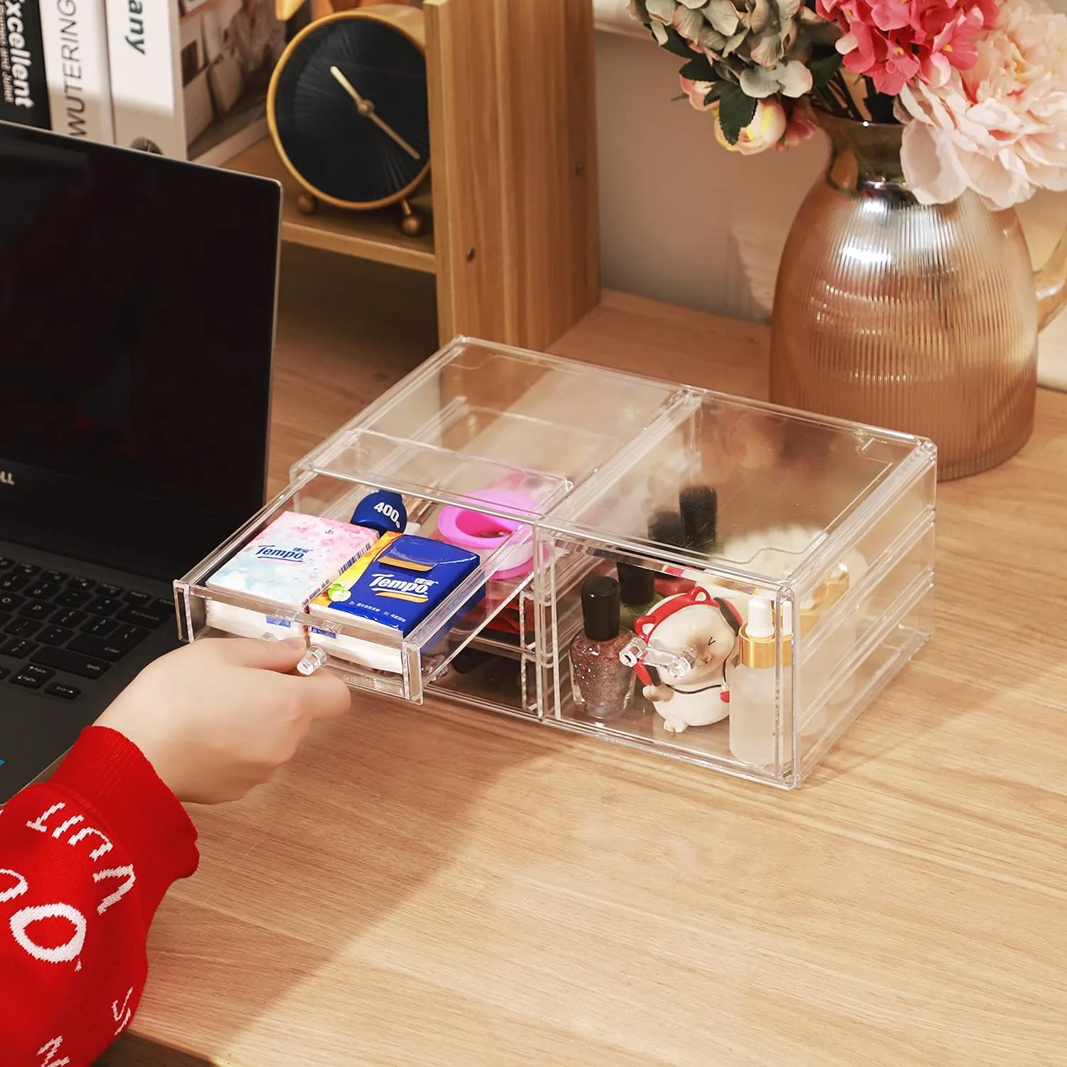 Cq acrylic 2 Pack Clear Stackable Storage Drawers for Vanity,Stackable 6 Drawers Desktop Organizer With Drawers,Cute Desk Storage for Office,Jewelry,Hair Clip,Beauty,Skincare and Make Up Organizers