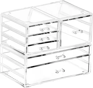 Cq acrylic 2 Pack Clear Stackable Storage Drawers for Vanity,Stackable 6 Drawers Desktop Organizer With Drawers,Cute Desk Storage for Office,Jewelry,Hair Clip,Beauty,Skincare and Make Up Organizers