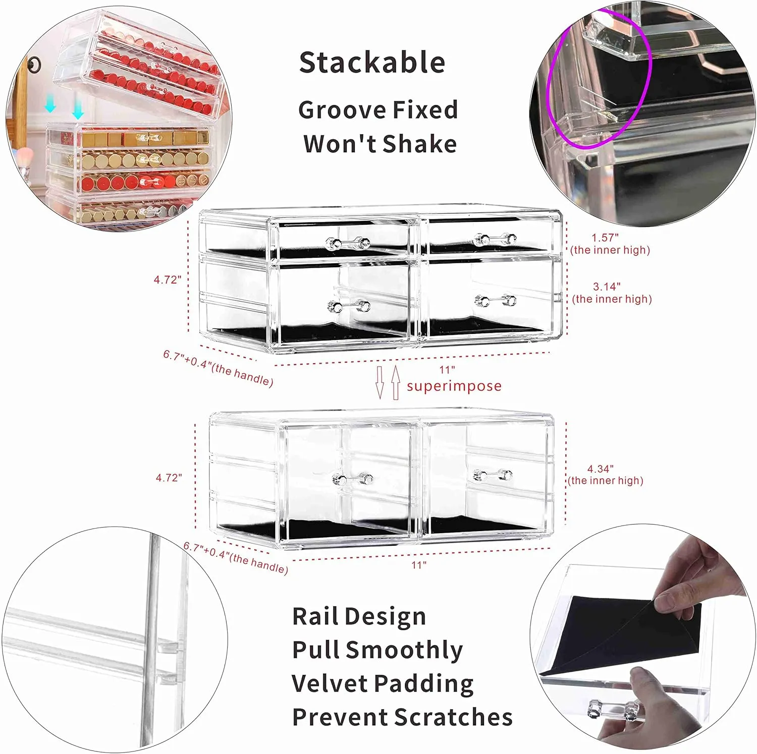 Cq acrylic Clear Acrylic Organizers Countertop,6 Drawers Stackable Storage Bins,Cute Clear Storage Bins for Vanity Jewelry,Hair Accessory,Beauty,Skin Care,Skincare Product Stackable Storage Drawers