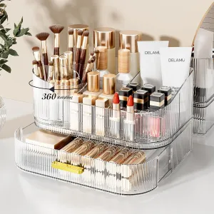 Delamu Makeup Organizer for Vanity with Stackable Drawers, 360 Rotating Makeup Brush Holder Large Cosmetic Display Case for Dresser, Bathroom Countertop Skincare Organizers and Storage, Crystal Clear