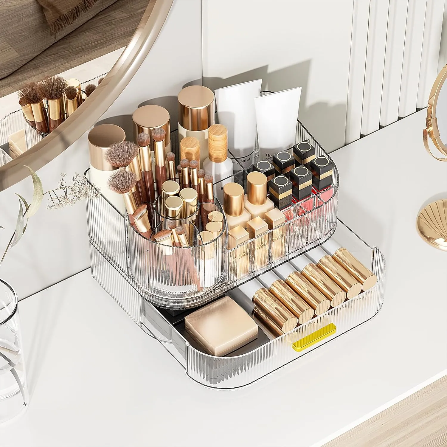 Delamu Makeup Organizer for Vanity with Stackable Drawers, 360 Rotating Makeup Brush Holder Large Cosmetic Display Case for Dresser, Bathroom Countertop Skincare Organizers and Storage, Crystal Clear