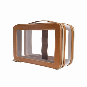DIYOOHOMY Clear Makeup Bag Double Layer Two Sided With Zipper Brown Square Cosmetic Large Make Up Case Compartments Brush Travel Leather Toiletry Women Organizer Transparent Waterproof Pouch