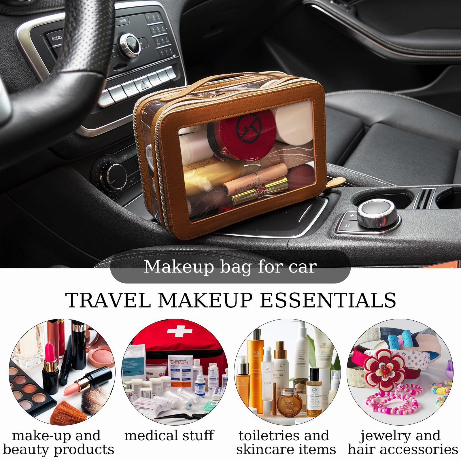 DIYOOHOMY Clear Makeup Bag Double Layer Two Sided With Zipper Brown Square Cosmetic Large Make Up Case Compartments Brush Travel Leather Toiletry Women Organizer Transparent Waterproof Pouch