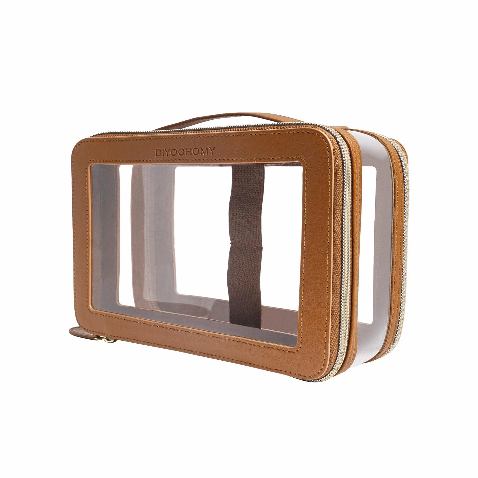 DIYOOHOMY Clear Makeup Bag Double Layer Two Sided With Zipper Brown Square Cosmetic Large Make Up Case Compartments Brush Travel Leather Toiletry Women Organizer Transparent Waterproof Pouch