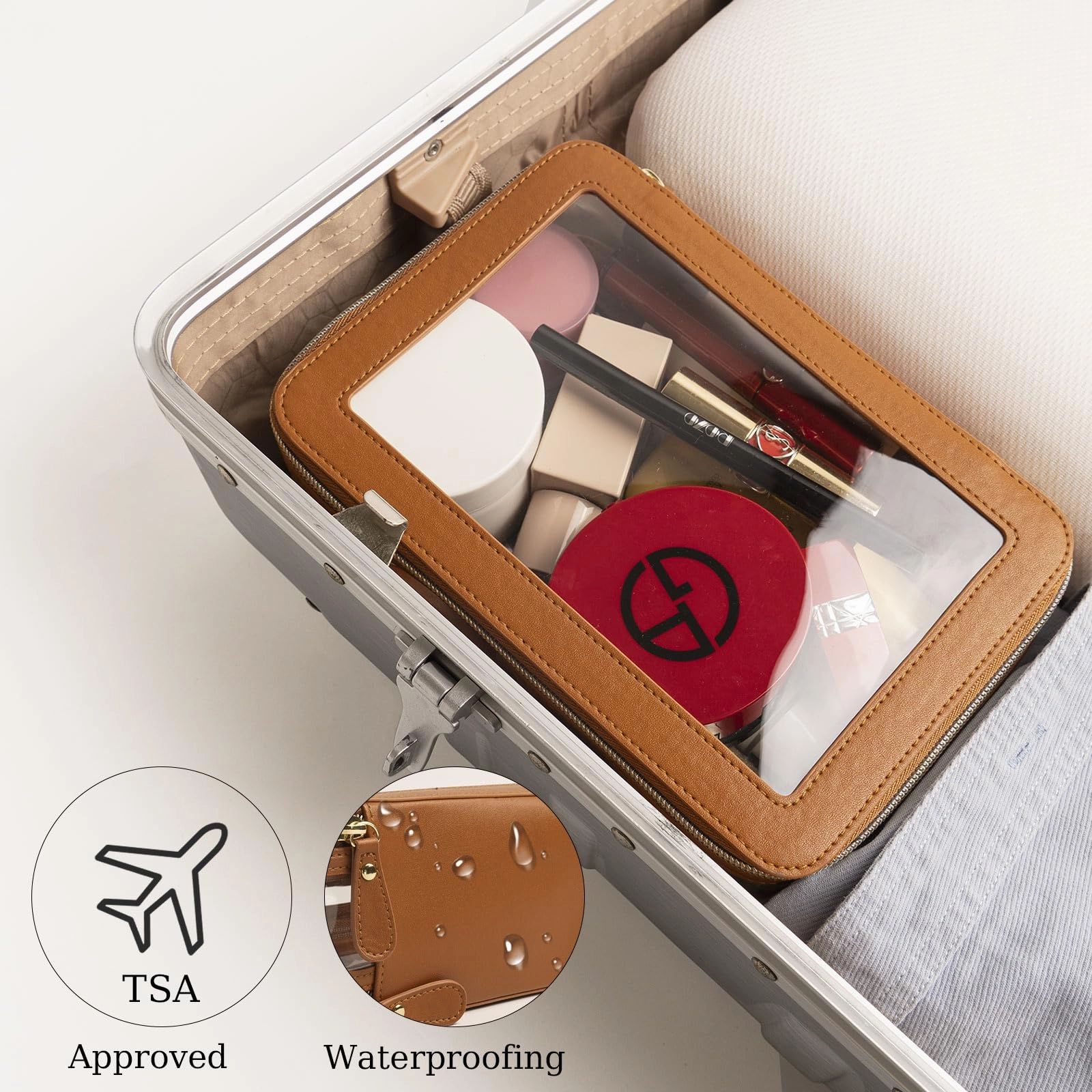 DIYOOHOMY Clear Makeup Bag Double Layer Two Sided With Zipper Brown Square Cosmetic Large Make Up Case Compartments Brush Travel Leather Toiletry Women Organizer Transparent Waterproof Pouch