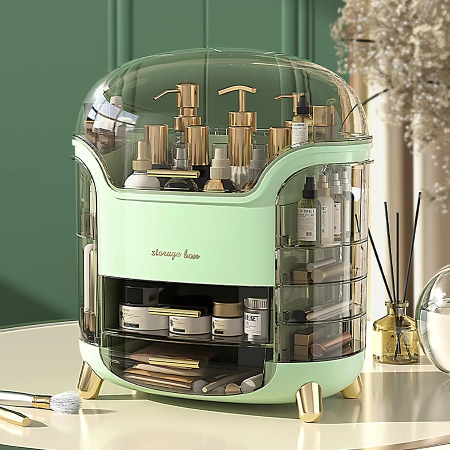 Ergocar Portable Light Luxury Series Multi-Function Lipstick, Make Up Box Dustproof Cosmetics Skin Care Products Storage, Jewelry Organizer Case - Green