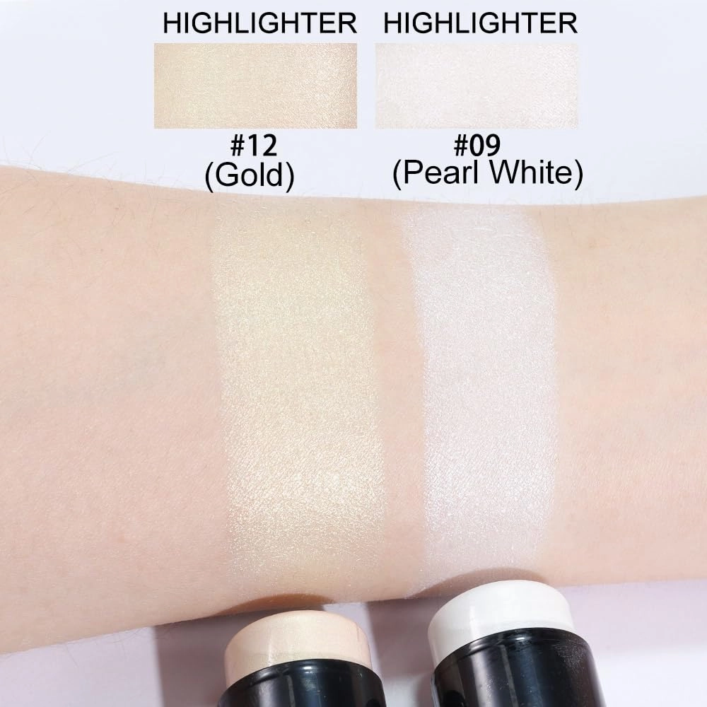 evpct 2Pcs Face Cream Makeup Highlighter Highlight Contour Stick Pearl White & Gold Glitter Contouring Highlighter Makeup Stick and Contour Illuminator Highly Piamented Long Lasting Skin Brighten 9 12