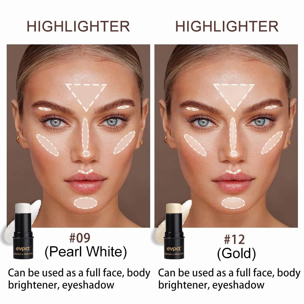 evpct 2Pcs Face Cream Makeup Highlighter Highlight Contour Stick Pearl White & Gold Glitter Contouring Highlighter Makeup Stick and Contour Illuminator Highly Piamented Long Lasting Skin Brighten 9 12
