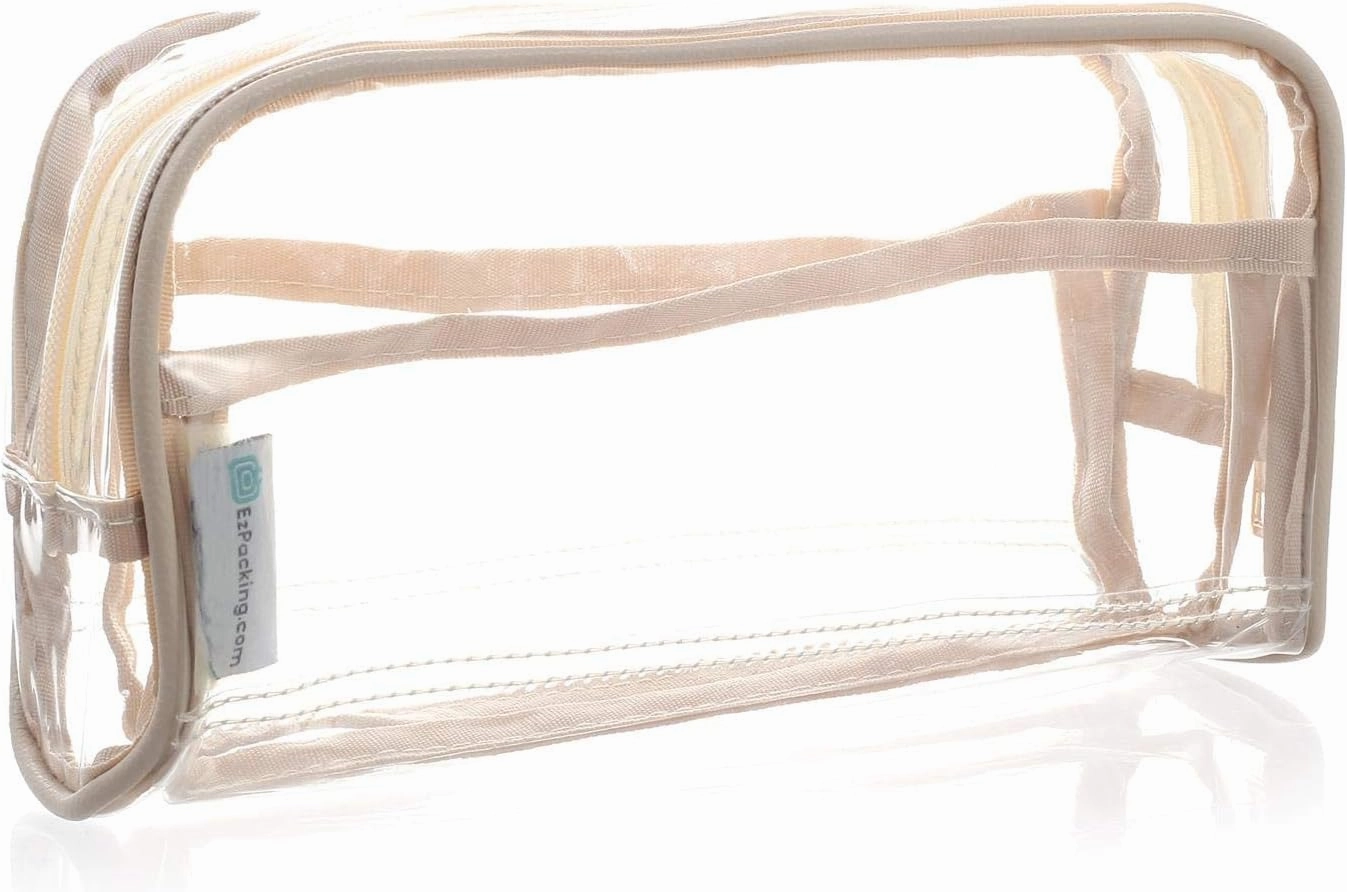 EzPacking Clear Makeup and Brush Bag/Long Cosmetic Organizer Pouch for Travel, Gym or Home/Vegan Leather Piping & 2 Interior Pockets/Small See Through Transparent PVC Plastic
