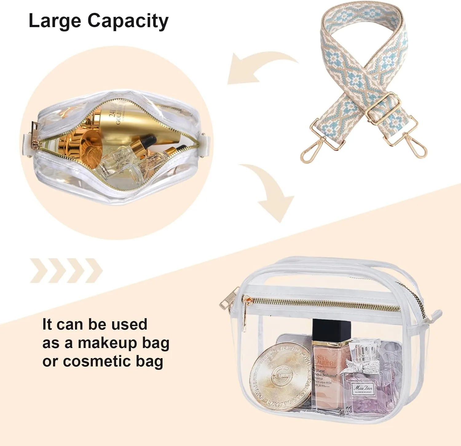Fibrdoo Clear Bag Stadium Approved, Leather Clear Crossbody Purse Bag for Concerts Sports Events Festivals