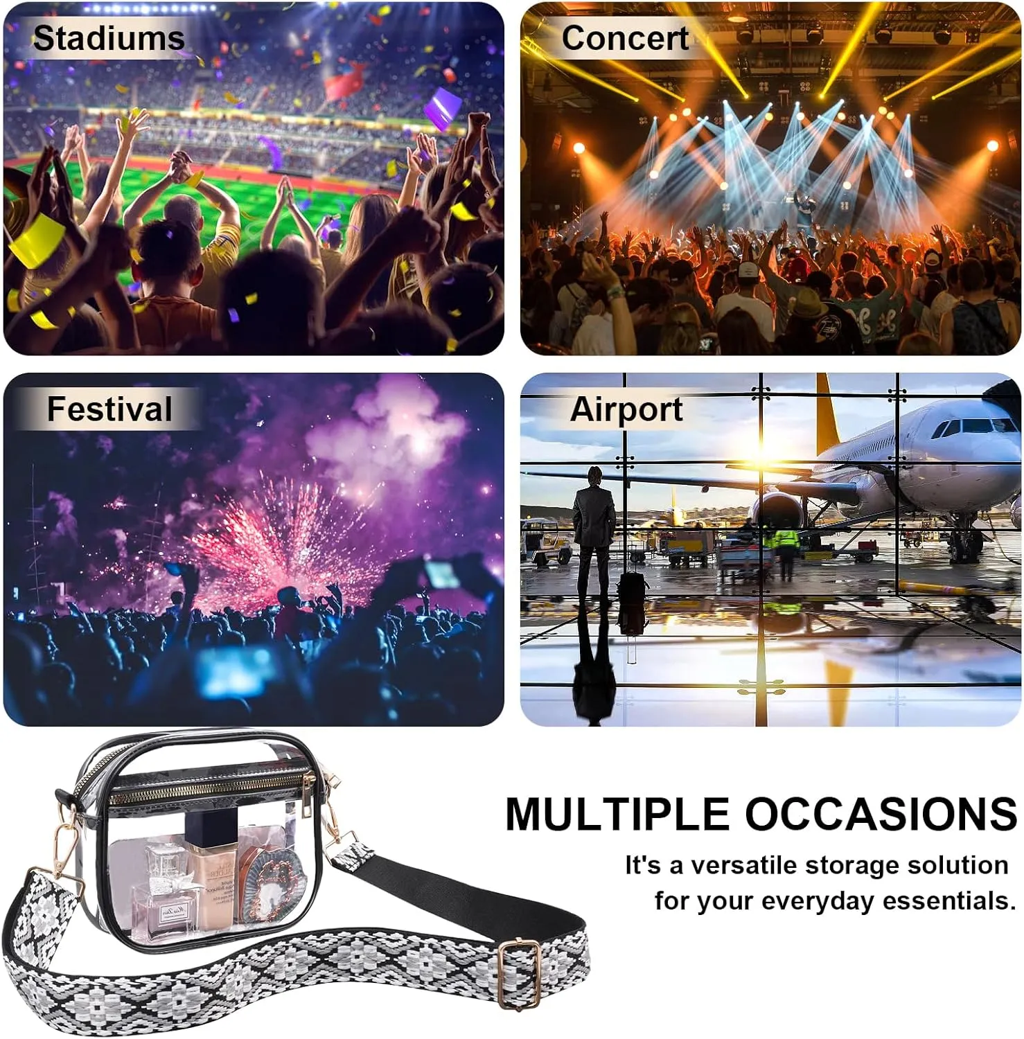 Fibrdoo Clear Bag Stadium Approved, Leather Clear Crossbody Purse Bag for Concerts Sports Events Festivals