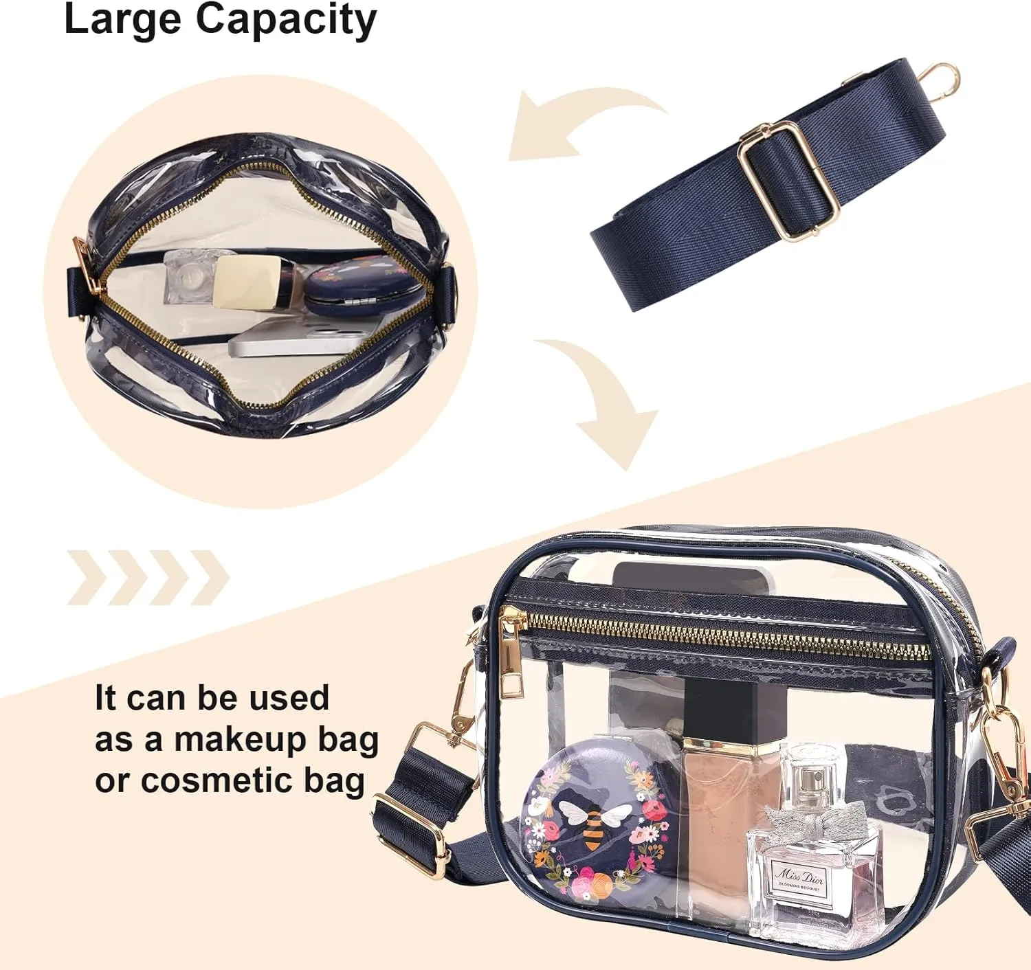 Fibrdoo Clear Bag Stadium Approved, Leather Clear Crossbody Purse Bag for Concerts Sports Events Festivals
