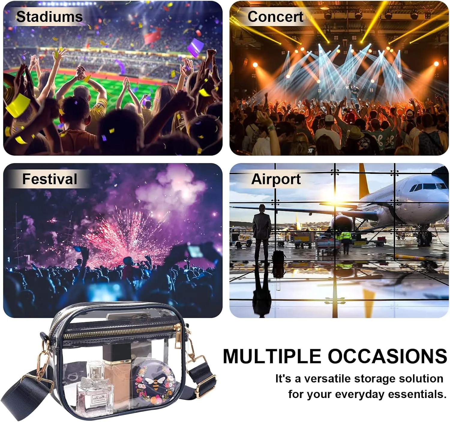 Fibrdoo Clear Bag Stadium Approved, Leather Clear Crossbody Purse Bag for Concerts Sports Events Festivals