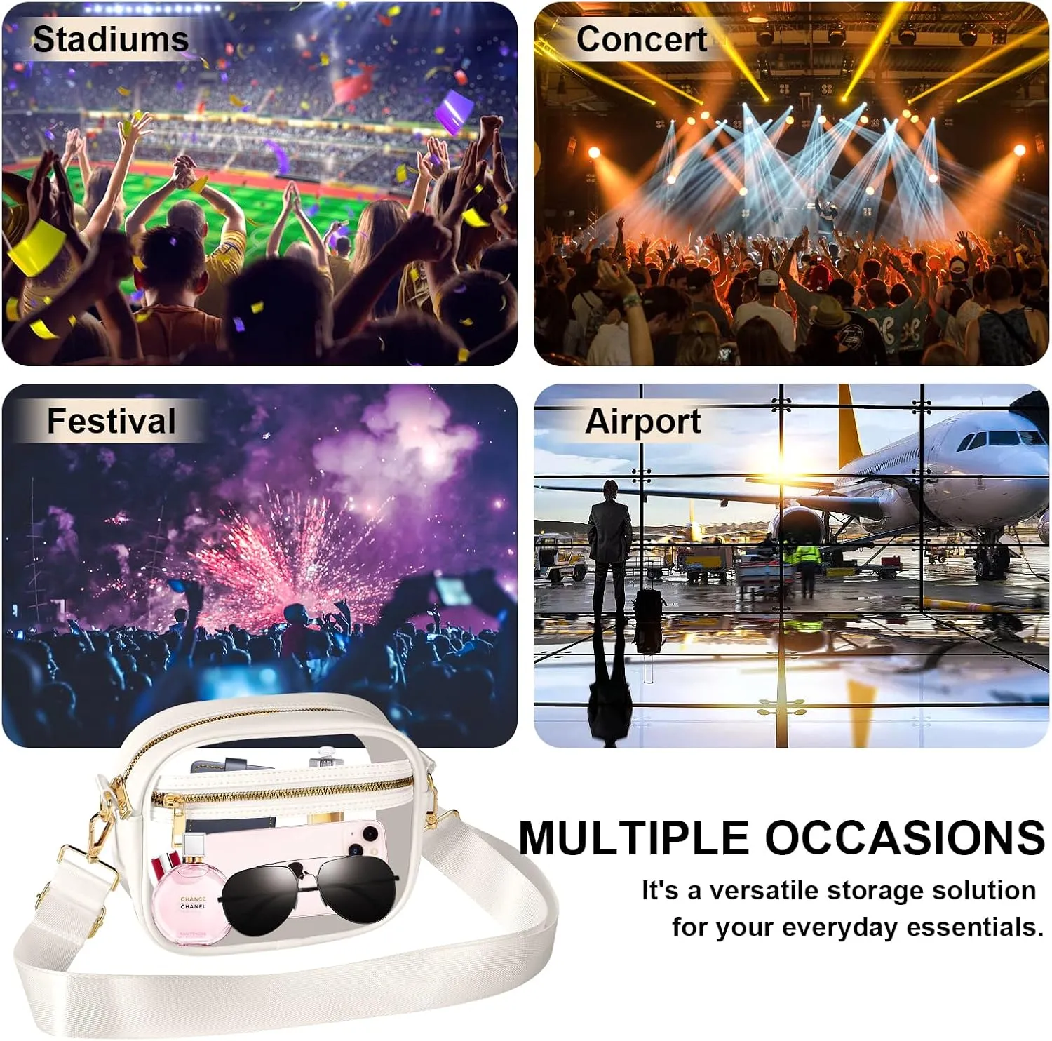 Fibrdoo Clear Bag Stadium Approved, Leather Clear Crossbody Purse Bag for Concerts Sports Events Festivals