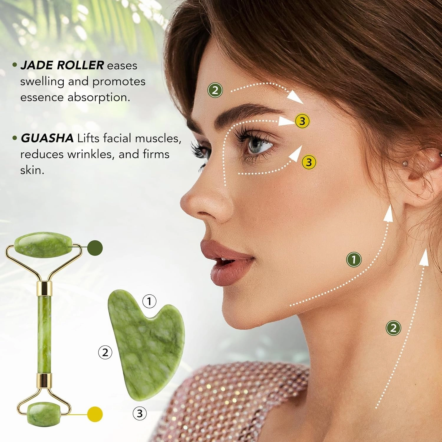 Genuine Jade Roller & Gua Sha Set for Face, Cooling & Firming Effect, Sculpting Tool for Jawline & Skin Care, Self-Care Gift for Women & Men