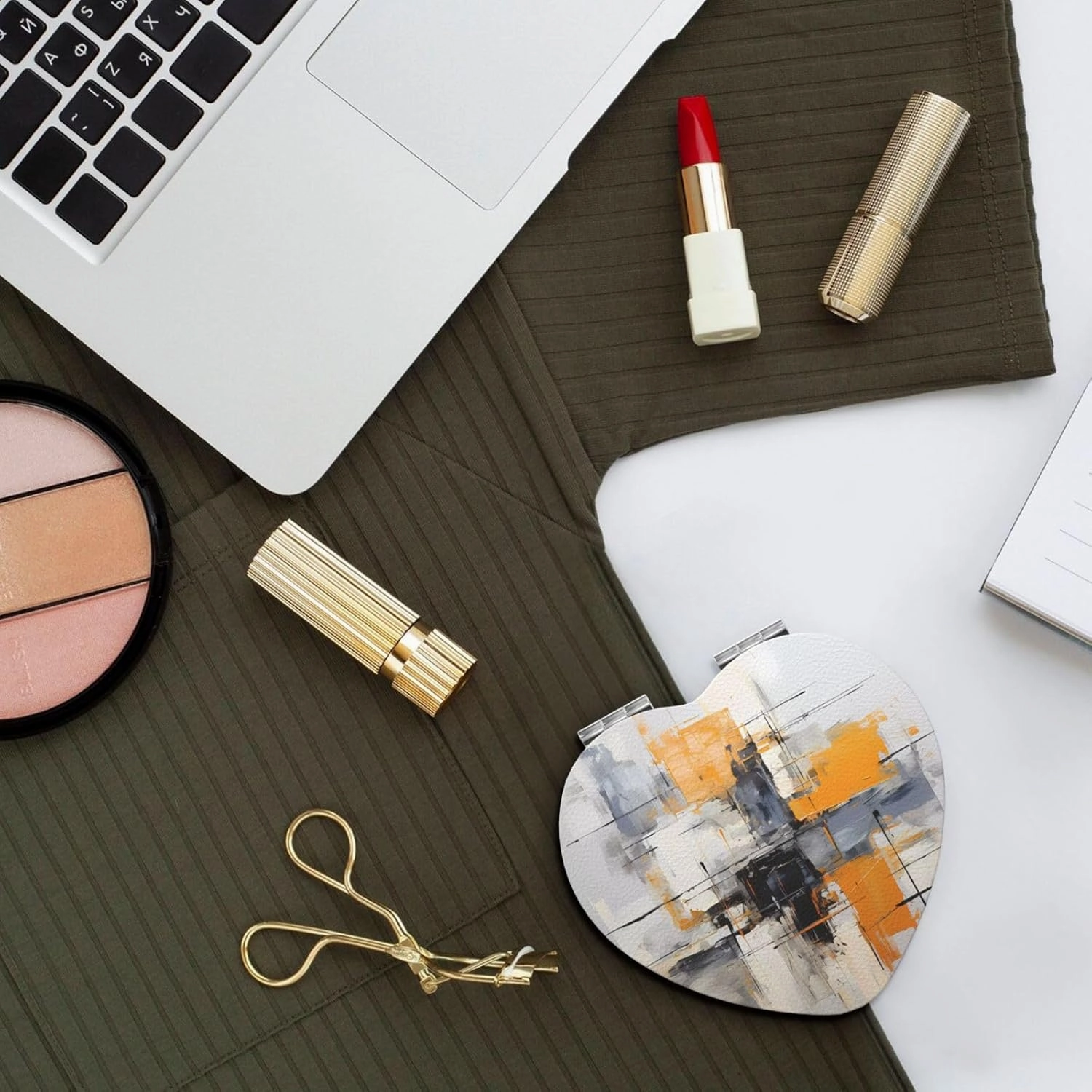 Grey and Yellow Abstract Art Painting Makeup Mirror Portable Folding Mini Mirror Double Sided Travel Makeup Mirror Heart Shape Handheld Pocket Mirror