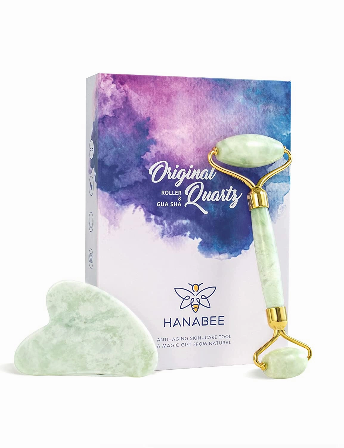 HANABEE Rose Quartz Facial Roller Jade Roller Gua Sha Facial Tools Face Roller and Gua Sha Massage Tool Body gua-sha Scalp Beauty Gift for Women Face Roller Massager (Green)