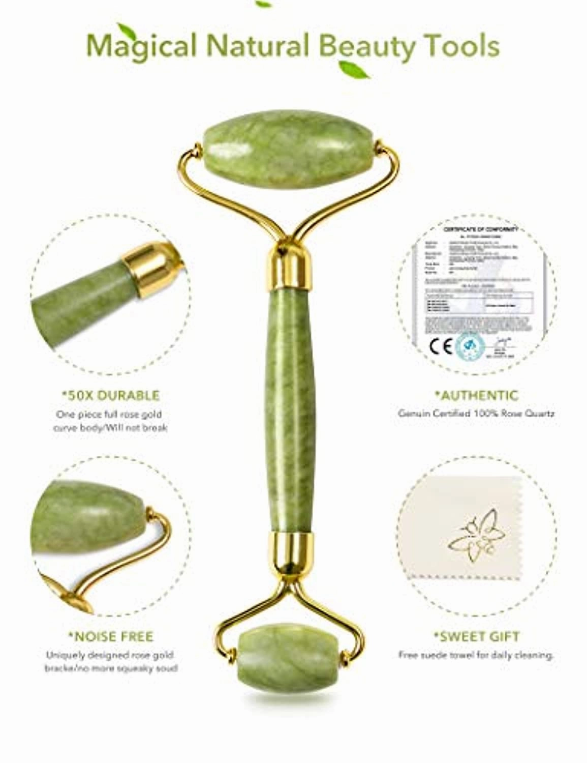 HANABEE Rose Quartz Facial Roller Jade Roller Gua Sha Facial Tools Face Roller and Gua Sha Massage Tool Body gua-sha Scalp Beauty Gift for Women Face Roller Massager (Green)