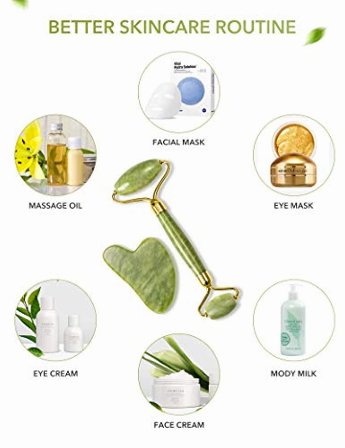 HANABEE Rose Quartz Facial Roller Jade Roller Gua Sha Facial Tools Face Roller and Gua Sha Massage Tool Body gua-sha Scalp Beauty Gift for Women Face Roller Massager (Green)
