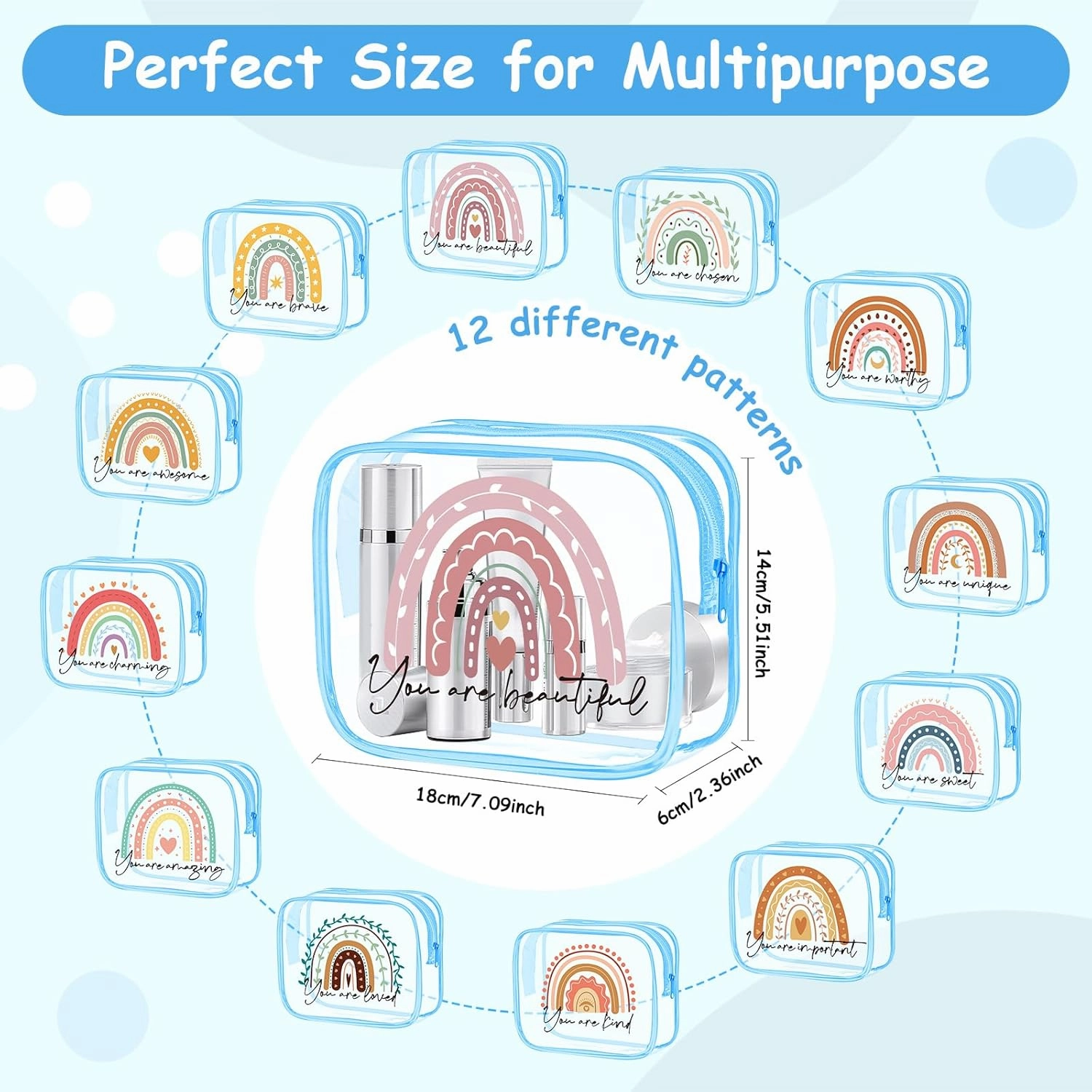 Hillban 12 Pcs Rainbow Clear Makeup Bag for Women Inspirational Quotes PVC Waterproof Cosmetic Bags Encouragement Travel Toiletry Pouch for Graduation Teacher Student Nurse Gifts(Blue)