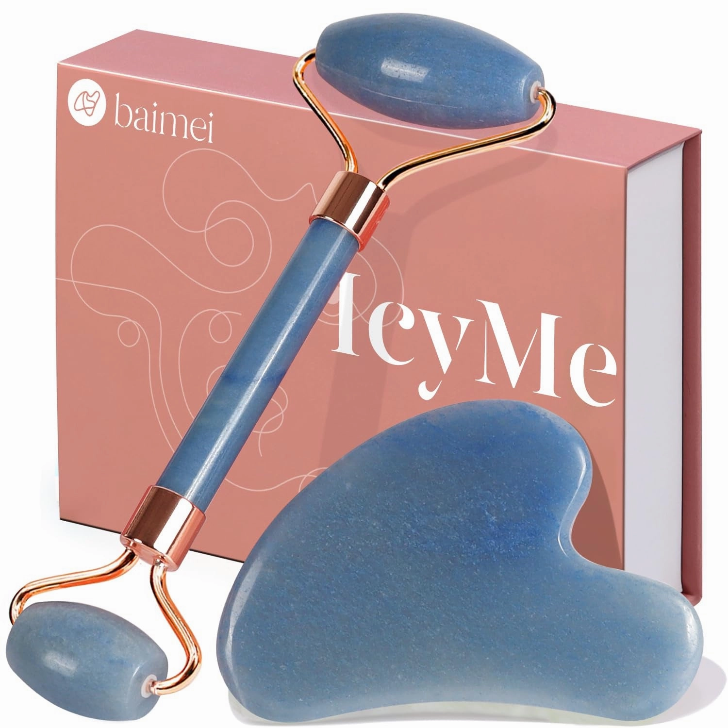 Icyme Jade Roller & Gua Sha, Face Roller Redness Reducing Skin Care Tools, Self Care Pink Gift for Men Women, Massager for Face, Eyes, Neck, Relieve Fine Lines and Wrinkles - Rose Quartz