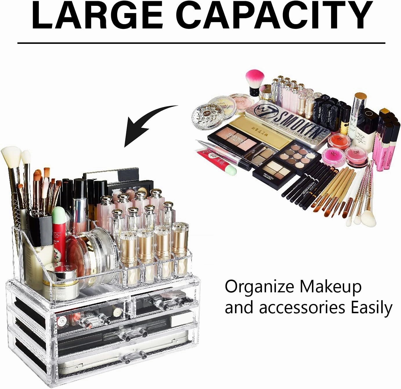 Ikee Design Acrylic Makeup Organizer with 4 Drawers and Removable Top Lipstick Holders, Ideal for Make-up or Accessories,Enhance Your Vanity or Bathroom with Clear Design for Quick Visibility