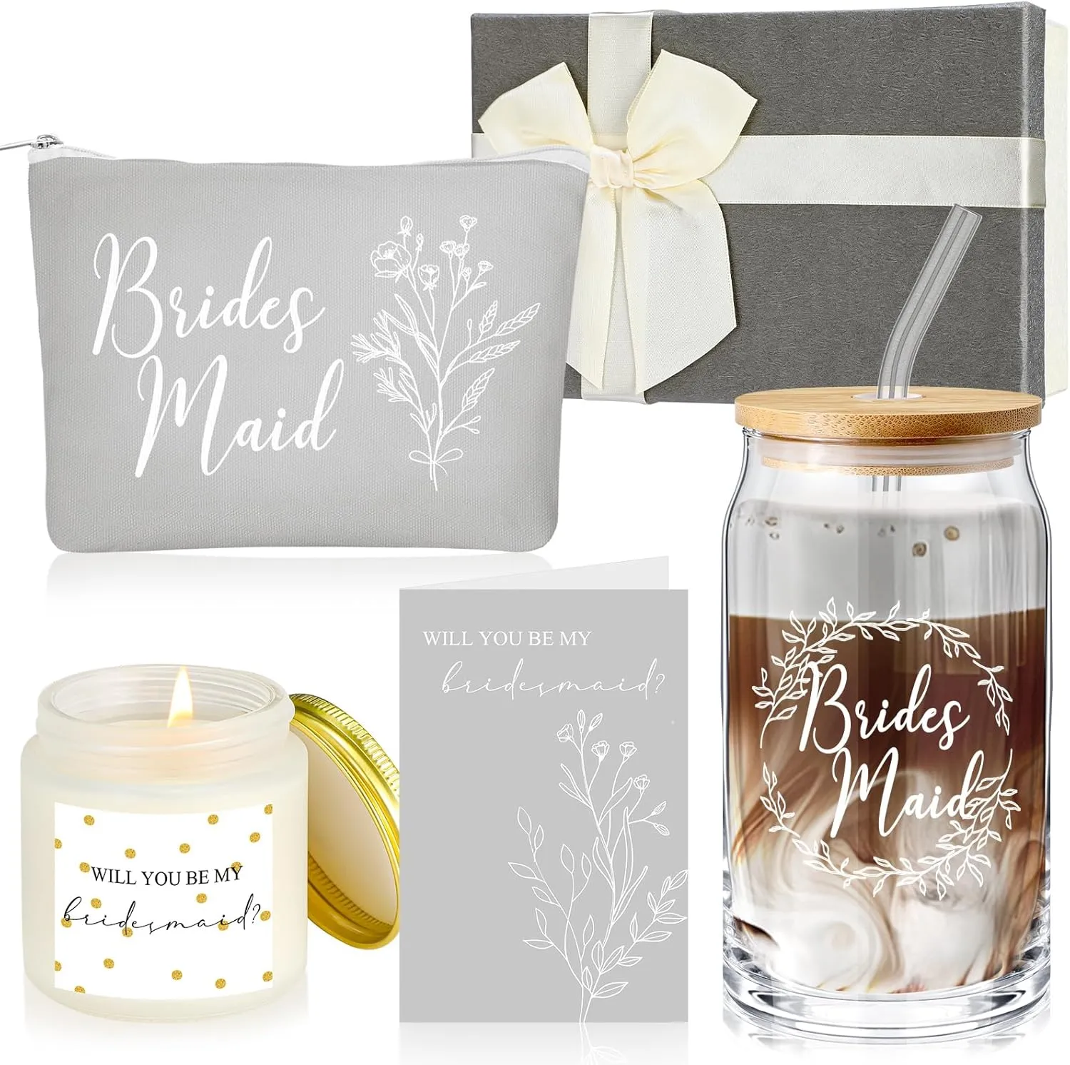 Inbagi Bridesmaid Gifts Box Set of 5 Includes Glass Cup with Lid and Straw Makeup Bag Sage Scented Candle Wedding Invitation Cards Proposal Gifts for Bridal Party Favors (Gray)