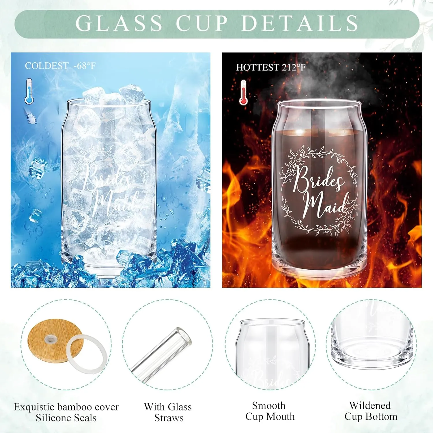 Inbagi Bridesmaid Gifts Box Set of 5 Includes Glass Cup with Lid and Straw Makeup Bag Sage Scented Candle Wedding Invitation Cards Proposal Gifts for Bridal Party Favors(Sage)