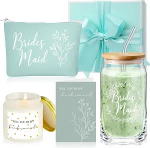 Inbagi Bridesmaid Gifts Box Set of 5 Includes Glass Cup with Lid and Straw Makeup Bag Sage Scented Candle Wedding Invitation Cards Proposal Gifts for Bridal Party Favors(Sage)