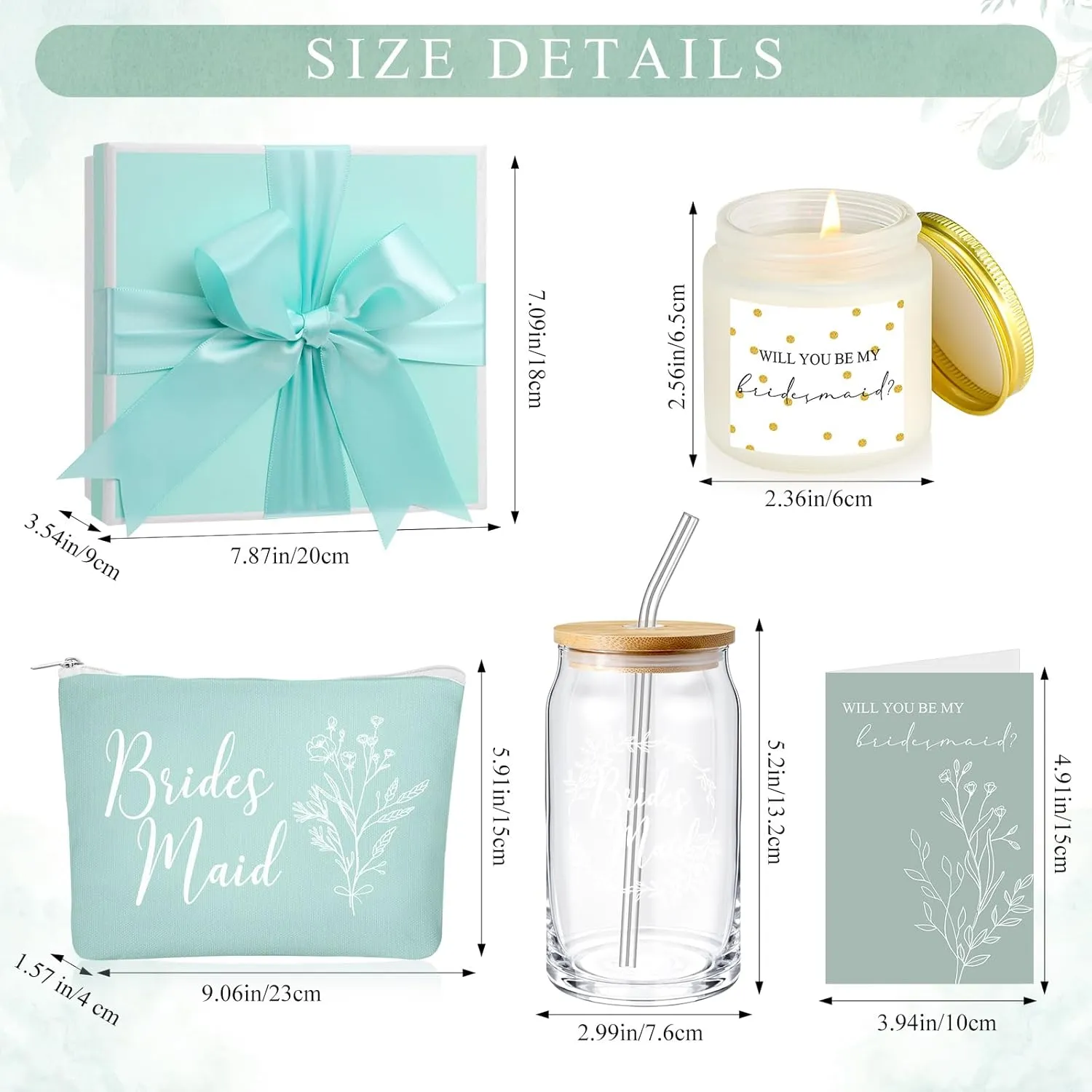 Inbagi Bridesmaid Gifts Box Set of 5 Includes Glass Cup with Lid and Straw Makeup Bag Sage Scented Candle Wedding Invitation Cards Proposal Gifts for Bridal Party Favors(Sage)