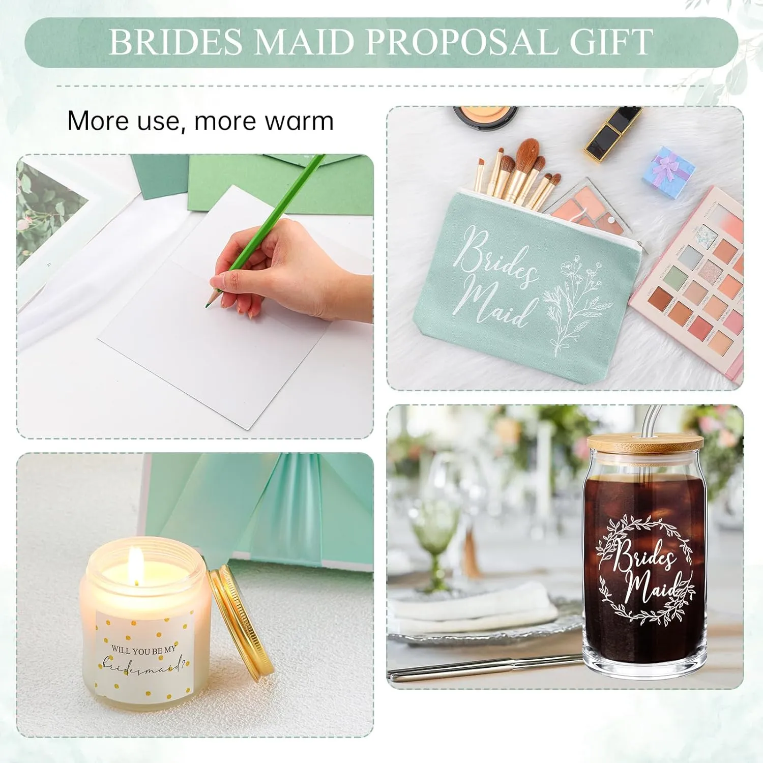 Inbagi Bridesmaid Gifts Box Set of 5 Includes Glass Cup with Lid and Straw Makeup Bag Sage Scented Candle Wedding Invitation Cards Proposal Gifts for Bridal Party Favors(Sage)