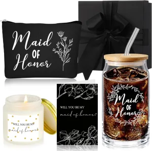 Inbagi Maid of Honor Gifts Box Set of 5 Includes Glass Cup with Lid and Straw Makeup Bag Sage Scented Candle Wedding Invitation Cards Proposal Gifts for Bridal Party Favors (Black)