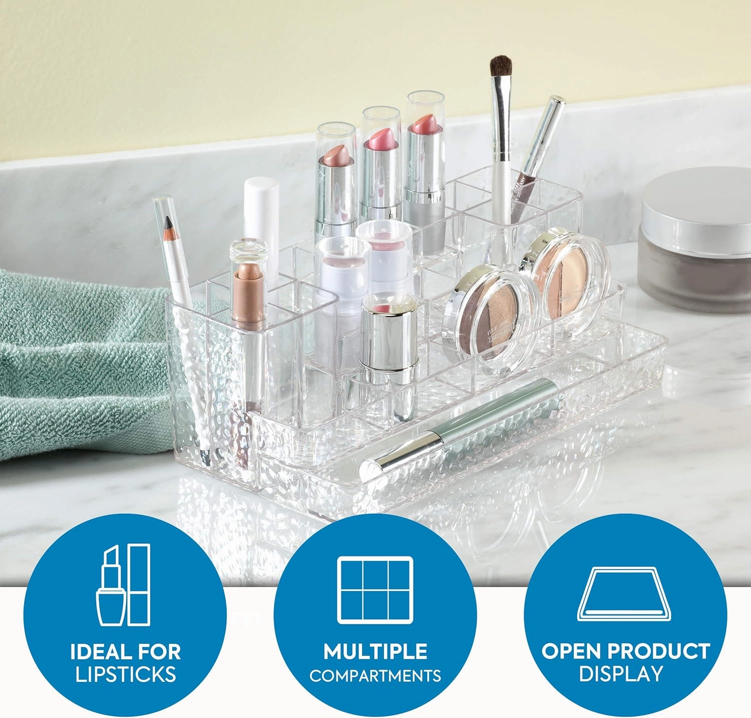 InterDesign Rain Cosmetic Organizer for Vanity Cabinet to Hold Makeup, Beauty Products, Lipstick - Clear