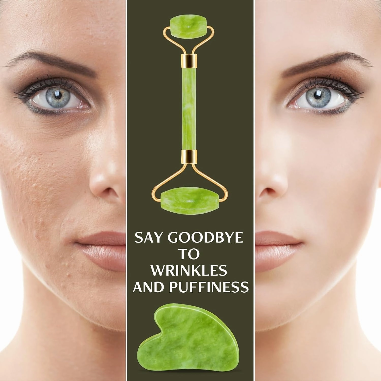 Jade Roller & Gua Sha Facial Tools, Natural Anti-Aging Jade Beauty Skin-Care Tool Face Roller to Rejuvenate Facial Skin Cooling, Slimming & Firming, Great as Stocking Stuffers