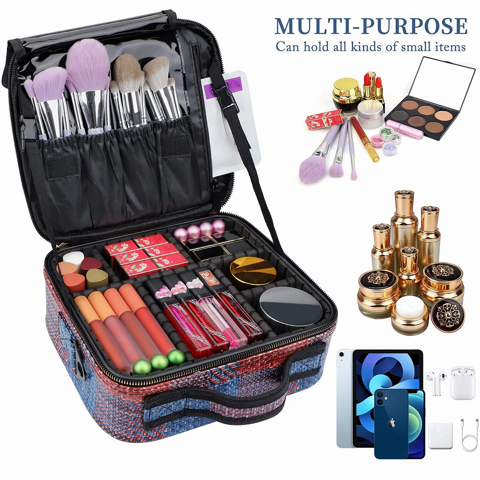 JOURMON Travel Makeup Bag Portable Cosmetic Case Organizer Portable Artist Storage Bag with Adjustable Dividers for Cosmetics Makeup Brushes Toiletry Jewelry Digital Accessories(Fuchsia,S)