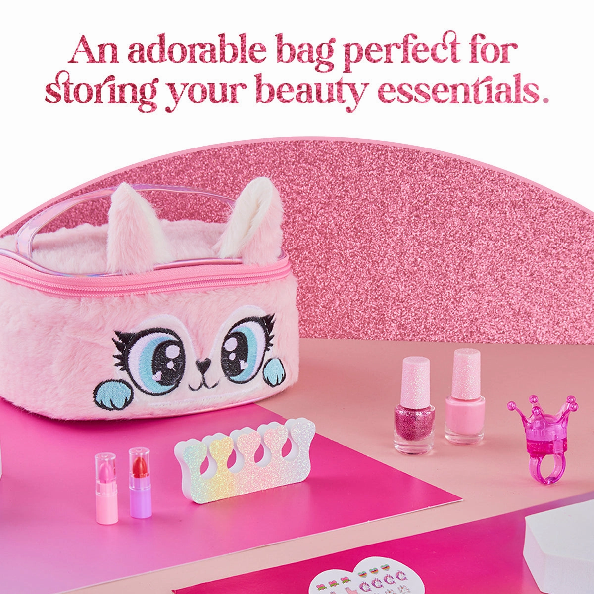 Kids Makeup Sets for Girls - Plush Beauty Case with Nail Varnish & Lipgloss - Pink