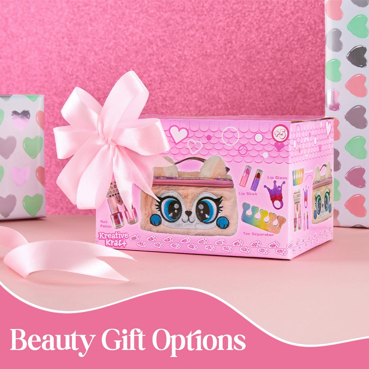 Kids Makeup Sets for Girls - Plush Beauty Case with Nail Varnish & Lipgloss - Pink