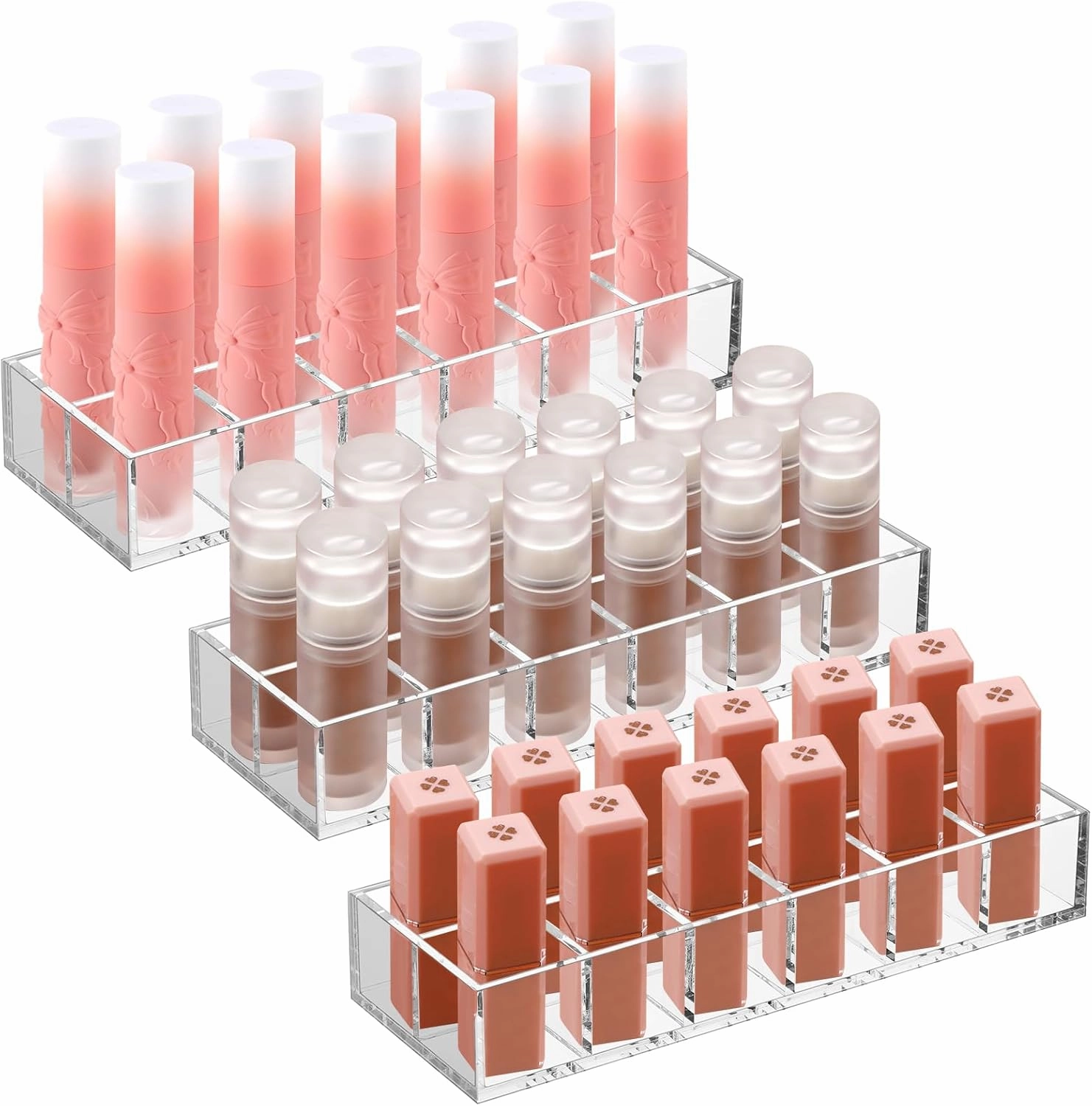 Kigley 3 Pcs Clear Lipstick Holder Acrylic Lip Gloss Organizer Cosmetic Storage Lipstick Display Case for Perfume Sample Drawer Brushes Bottles Women Birthday Gift(12 Grid)