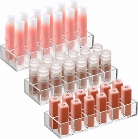 Kigley 3 Pcs Clear Lipstick Holder Acrylic Lip Gloss Organizer Cosmetic Storage Lipstick Display Case for Perfume Sample Drawer Brushes Bottles Women Birthday Gift(12 Grid)