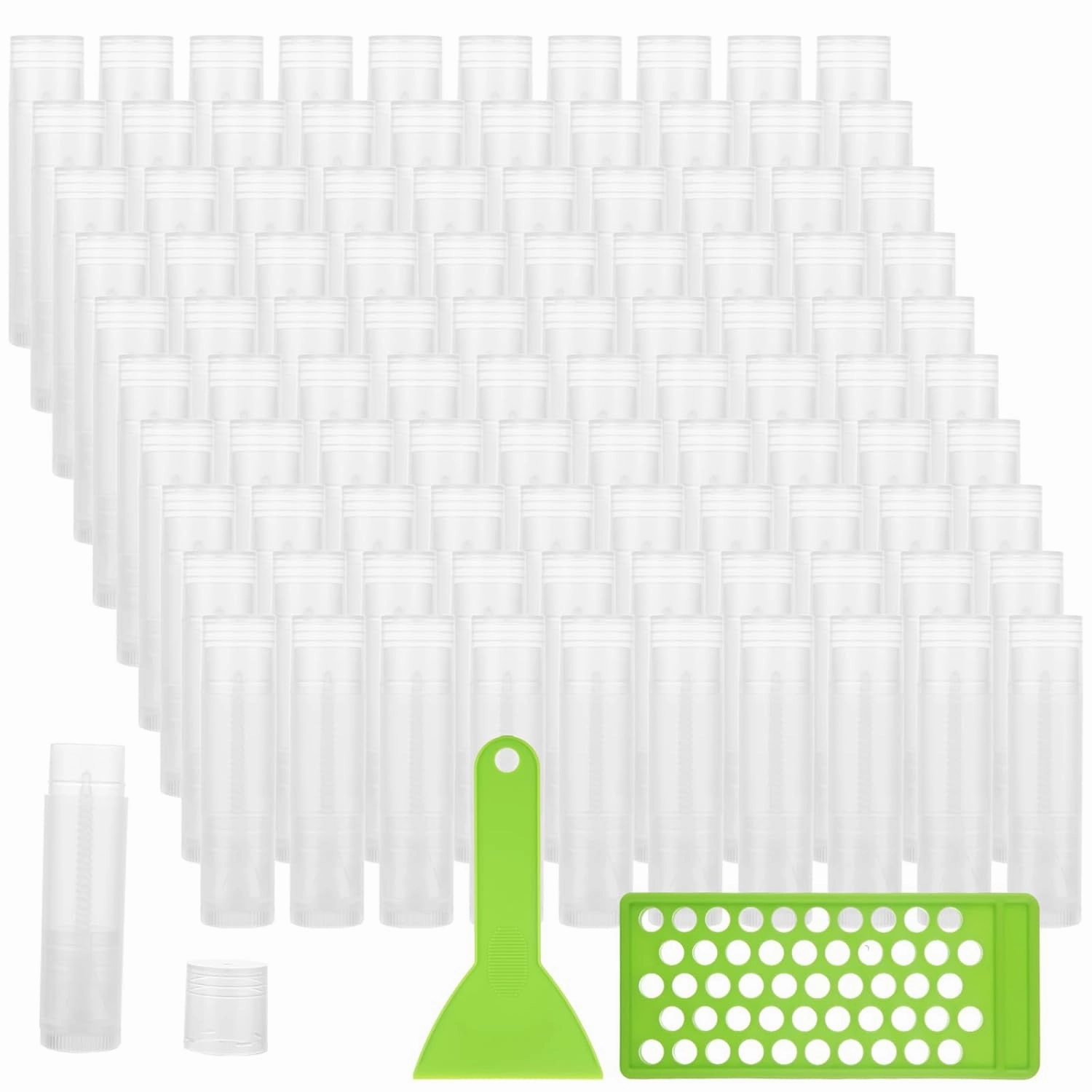 LANIAKEA 100PCS Lip Balm Tubes with Caps and Filling Tray and Spatula Set, Clear Lip Balm Container Tubes Empty Chapstick Tubes Empty Bulk for DIY Lipstick Homemade 3/16 Oz (5.5 ml)