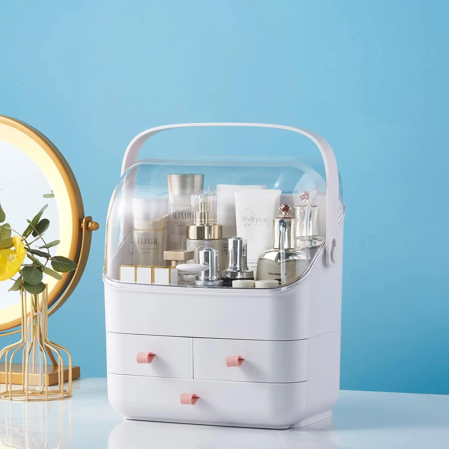 Large Makeup Organizer w Drawers Beauty Organizer Makeup Box Holder Vanity Organization Desk Countertop MakeUp Organizers Bathroom Counter Organizer Skincare Cosmetic Case Stand Dustproof Lid Gift