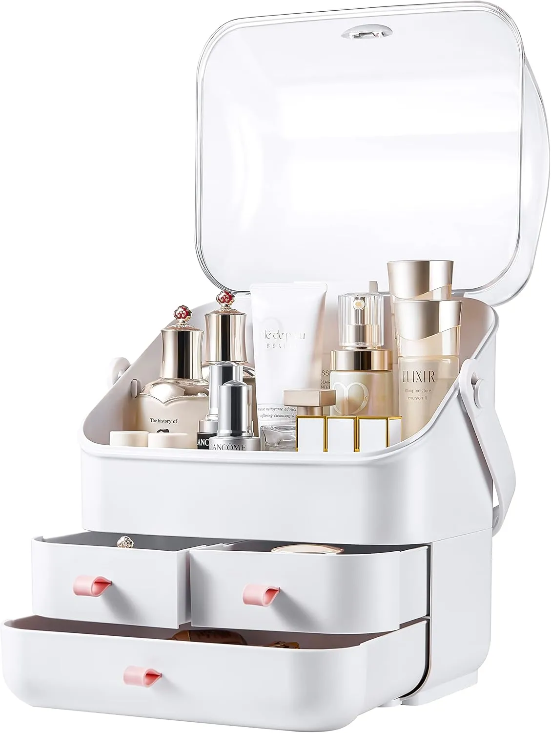Large Makeup Organizer w Drawers Beauty Organizer Makeup Box Holder Vanity Organization Desk Countertop MakeUp Organizers Bathroom Counter Organizer Skincare Cosmetic Case Stand Dustproof Lid Gift