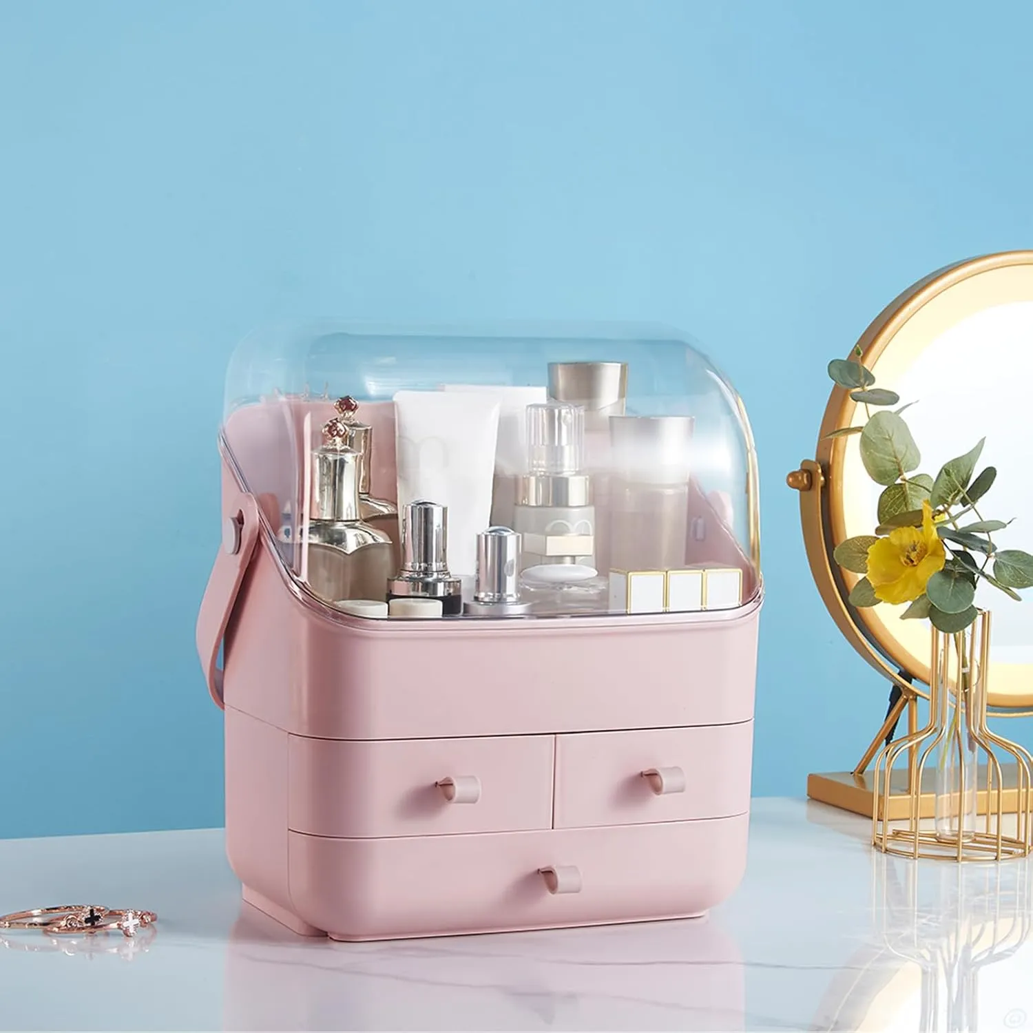 Large Makeup Organizer w Drawers Beauty Organizer Makeup Box Holder Vanity Organization Desk Countertop MakeUp Organizers Bathroom Counter Organizer Skincare Cosmetic Case Stand Dustproof Lid Gift