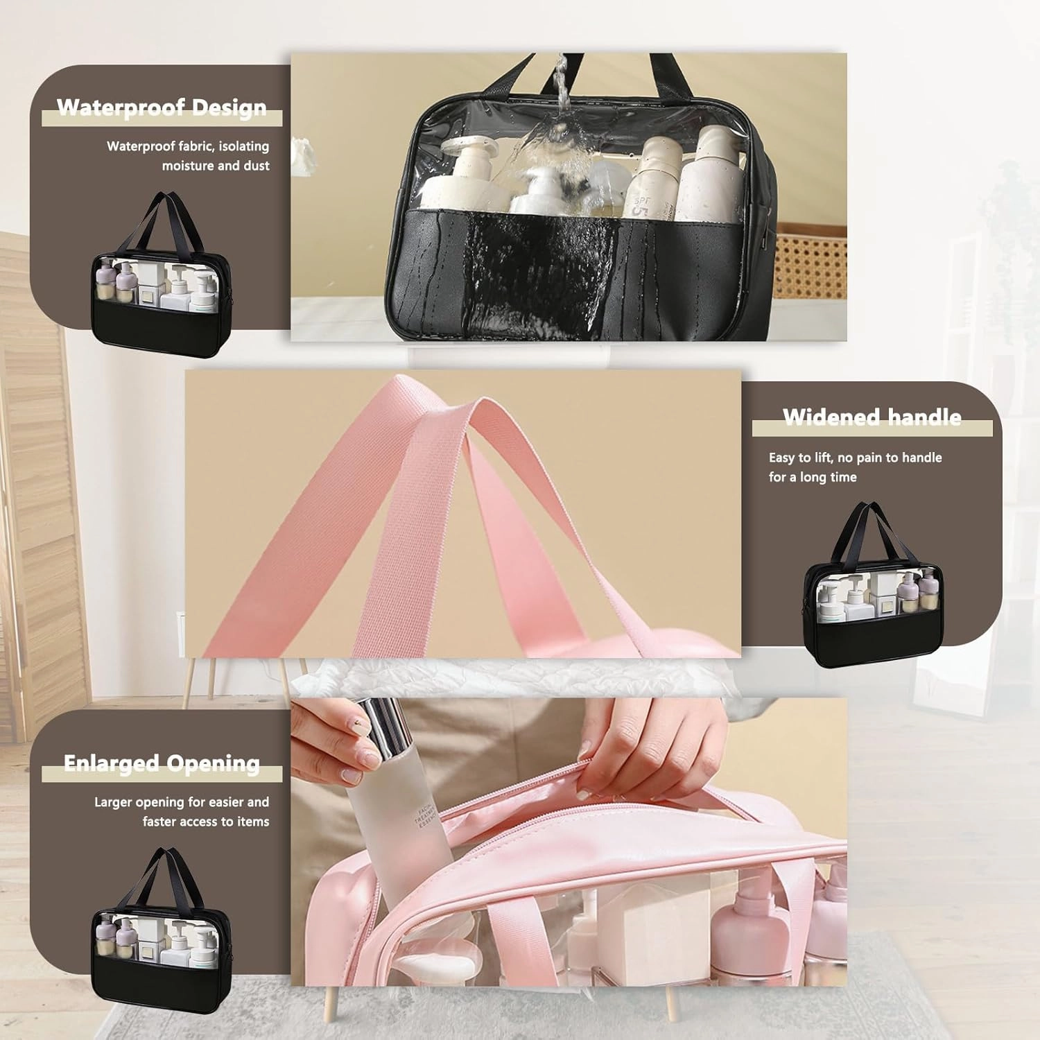 Large Clear Toiletry Bags for Traveling, 4Pcs Waterproof Clear Travel Bags for Toiletries Women Men, Travel Toiletry Bag Set, Transparent Makeup Cosmetic Bag, Black