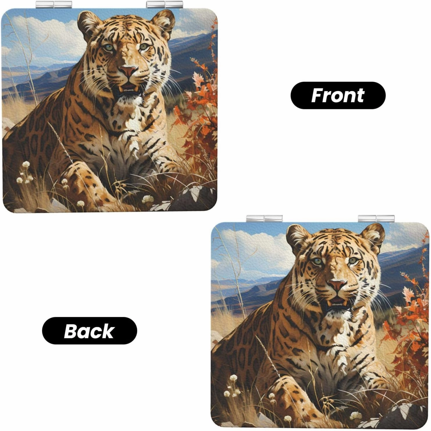 Leopard in Search of Prey Makeup Mirror Portable Folding Mini Mirror Double Sided Travel Makeup Mirror Square Handheld Pocket Mirror